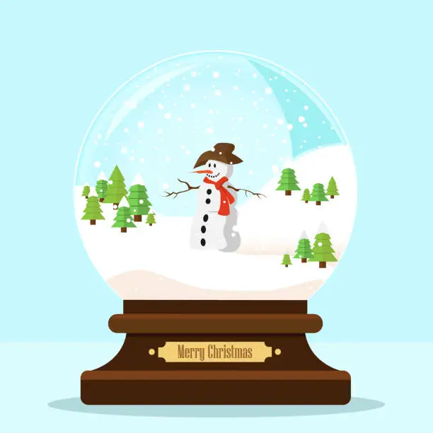 Vector illustration of snowman among snowy hills and mountain pines inside a crystal ball - vector illustration