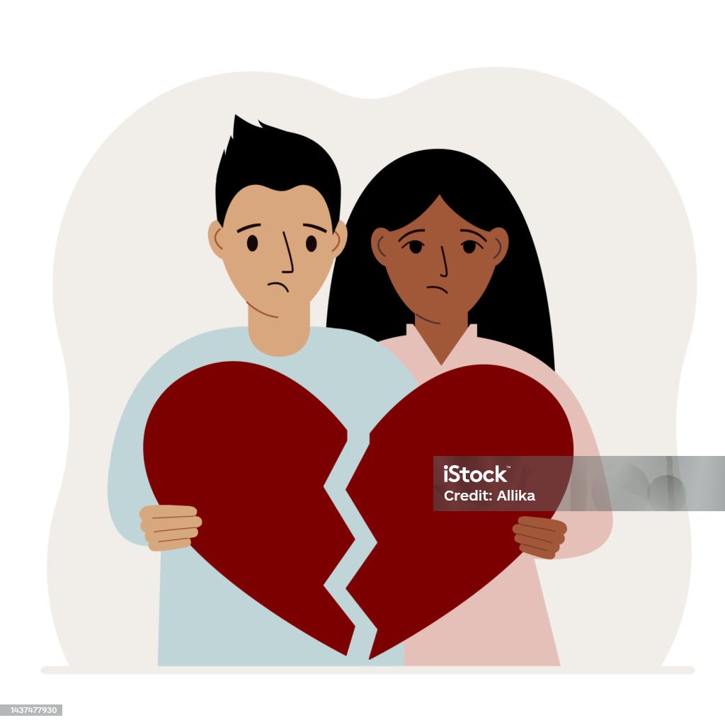A Sad Man And Woman Are Holding Pieces Of A Broken Red Heart In ...