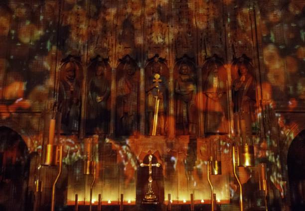 St Albans, United Kingdom – October 16, 2018: Poppies projections in St Alban's Cathedral to remember 100 years since the end of WW2