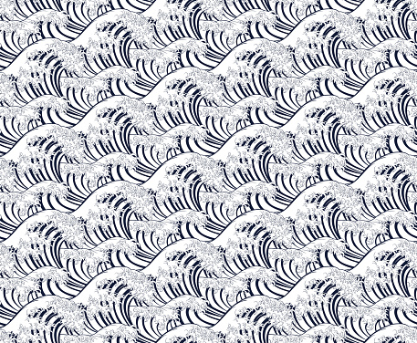 Wave pattern background that can be seamlessly tiled or repeated. In an engraved vintage retro woodcut Japanese style