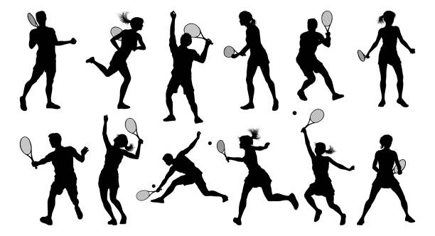 illustrazioni stock, clip art, cartoni animati e icone di tendenza di silhouette tennis players sports people set - tennis silhouette back lit tennis ball