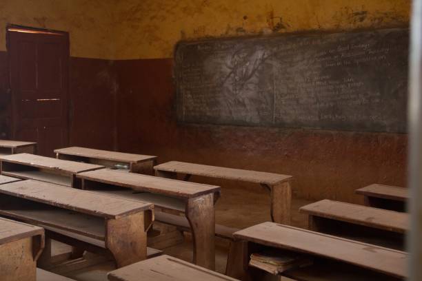 istock Old wooden school benches and desks captured inside an abandoned classroom 1437481245