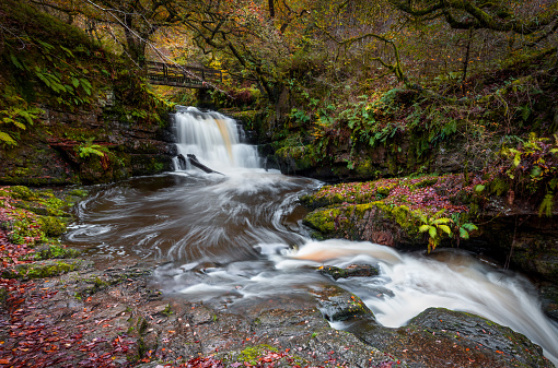 The Sychryd Cascades, a set of waterfalls near Dinas Rock in the Brecon Beacons National Park, South Wales UK