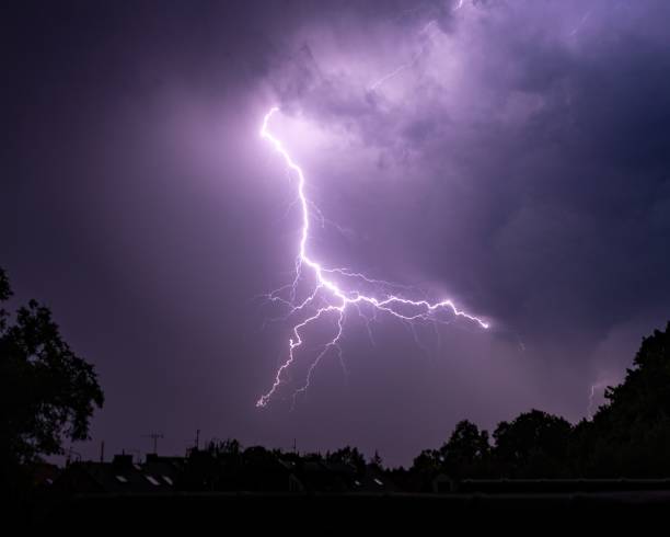 istock Lightning in the night sky with silhouettes of trees 1437483967