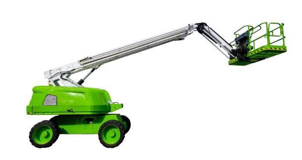 istock Horizontal shot of a neon green construction lift on a white background 1437484572