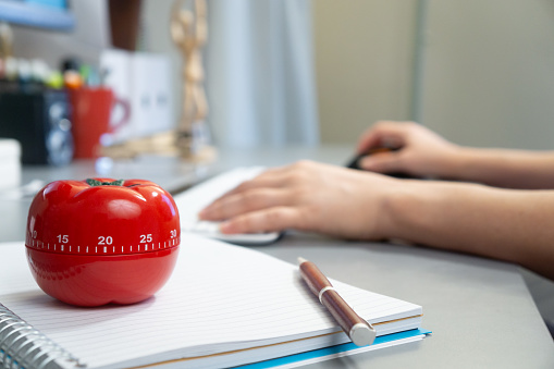 A selective focus shot of a kitchen timer in the form of a tomato on a notebook with a female working on her computer in the background