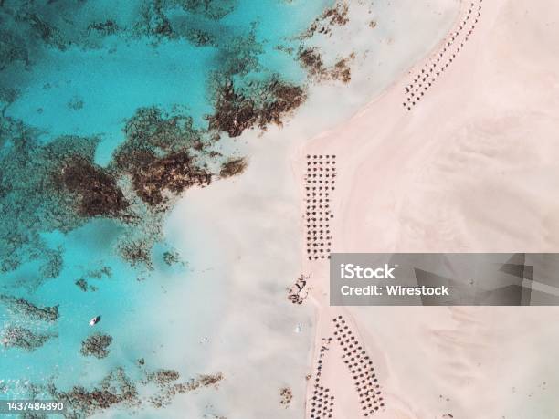 Aerial View Of A Sandy Beach On Crete Island Greece Stock Photo - Download Image Now