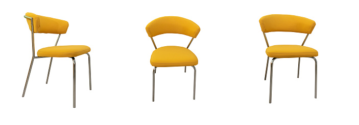 three yellow comfortable chairs isolated on white background. different angle. kitchen interier