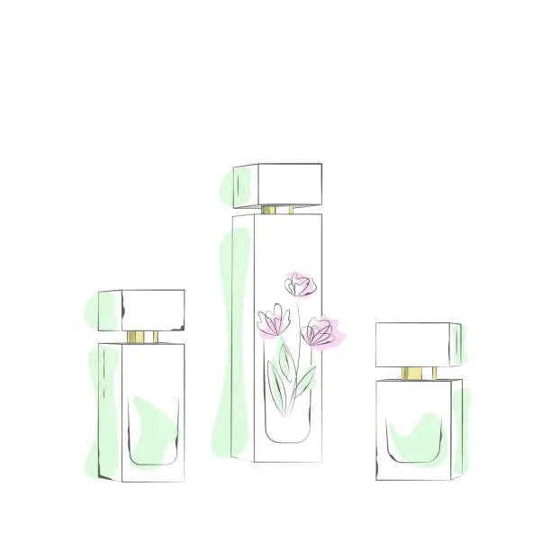 Vector illustration of Set of eau de toilette bottles. Aroma of green tea. Fresh perfume isolated on white background with floral motifs flat vector icon