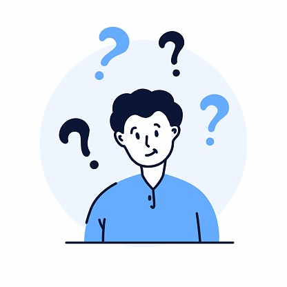 Flat style hand drawn vector illustration. A young man and question marks. Questioning concept illustration.