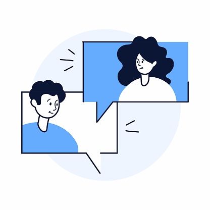 Flat style hand drawn vector illustration. Young woman and young man in speech bubbles. Meeting concept illustration.