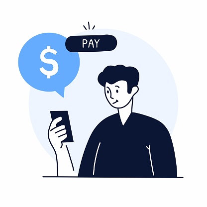 Flat style hand drawn vector illustration. A young man and payment button. Online payment concept illustration.