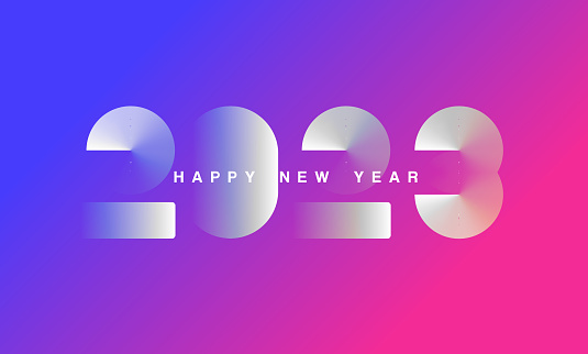 Abstract trendy gradient Happy New Year 2023 background for your Christmas. Creative concept logo design template for calendar, greeting card, banner, label