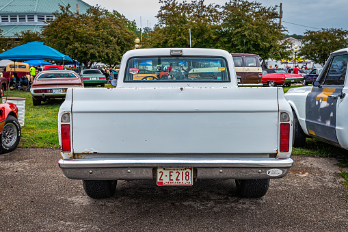 Des Moines, IA - July 01, 2022: High perspective rear view of a 1972 Chevrolet C10 Fleetside Pickup Truck at a local car show.