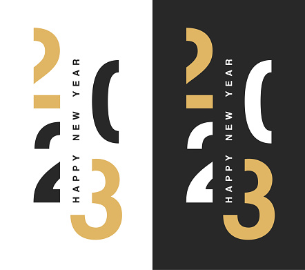 Black, gold and white color Happy New Year 2023 creative concept design for your Christmas. Text and numbers logo design template for calendar, greeting card, banner, label.