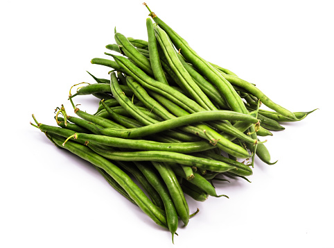 Fresh green beans from the garden isolated on white background with copy space for text