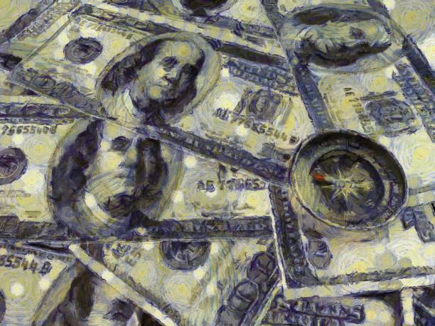 istock Several dollar bills and compasses Illustrations creates an impressionist style of painting. 1437494386
