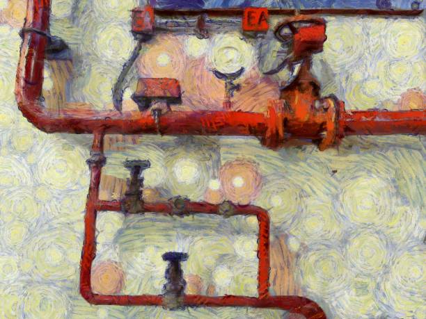 istock Red fire extinguisher valve and hose Illustrations creates an impressionist style of painting. 1437494425