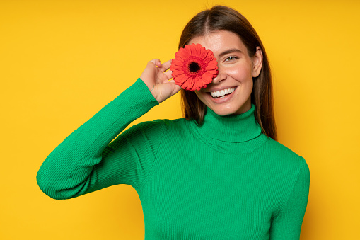 Pretty youthful girl in green turtleneck holding red gerbera flower over right eye, having fun posing on yellow studio background. Happy cute millennial woman covering one eye with spring flower