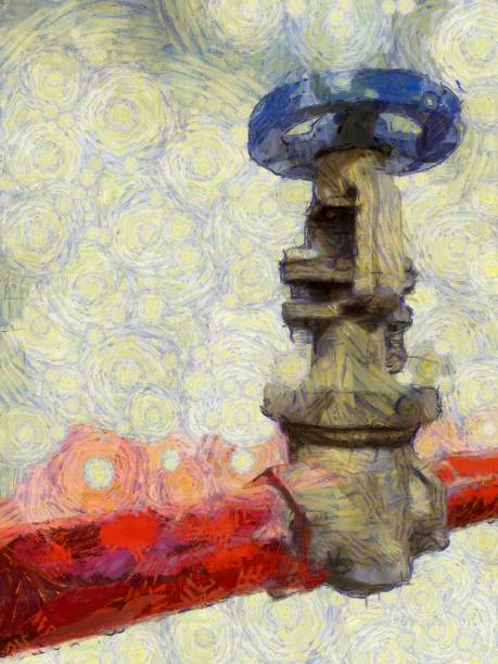 istock Red fire extinguisher valve and hose Illustrations creates an impressionist style of painting. 1437494638