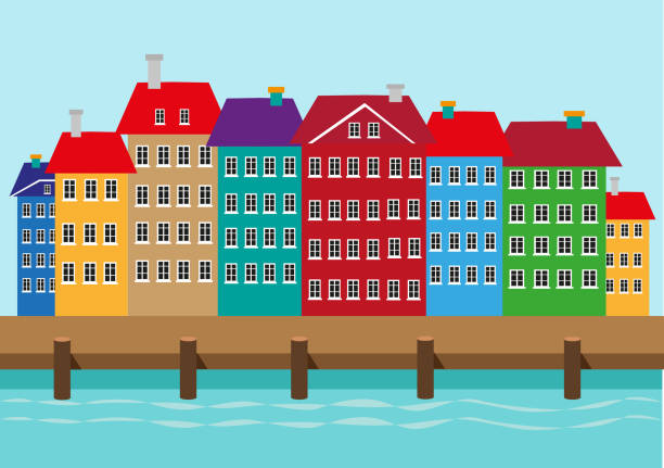 Colorful Houses along a boat dock or harbor. Nyhavn waterfront district in Copenhagen Denmark illustration. Editable Clip Art. Row of tall colorful houses along a seaside view nyhavn stock illustrations