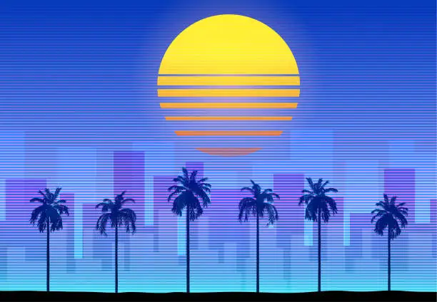 Vector illustration of Synthwave retro background - palm trees