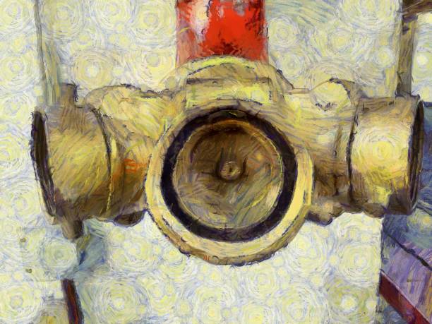 istock Red fire extinguisher valve and hose Illustrations creates an impressionist style of painting. 1437496405