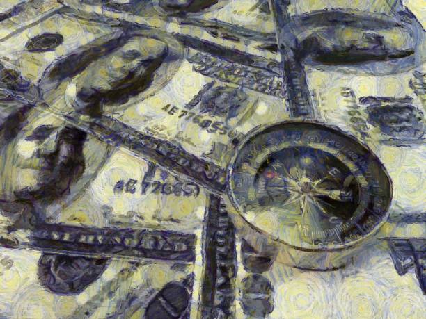 istock Several dollar bills and compasses Illustrations creates an impressionist style of painting. 1437496644