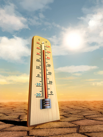 Rising temperatures caused by the global warming. Digital illustration, 3D rendering.