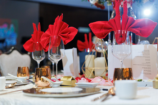 Asian style table setting at wedding reception close up