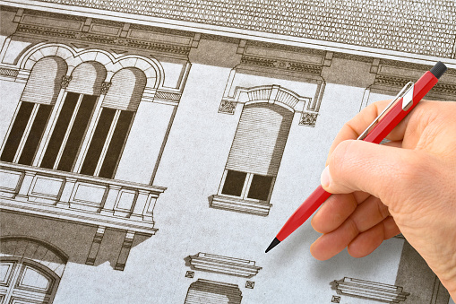 Architectural drawing with relief of the elevation of an old italian building drawn by hand with ink pen on paper