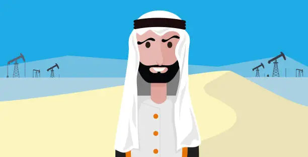 Vector illustration of Arab sheik in an oil field. Pumpjack drilling crude oil from oil fields.