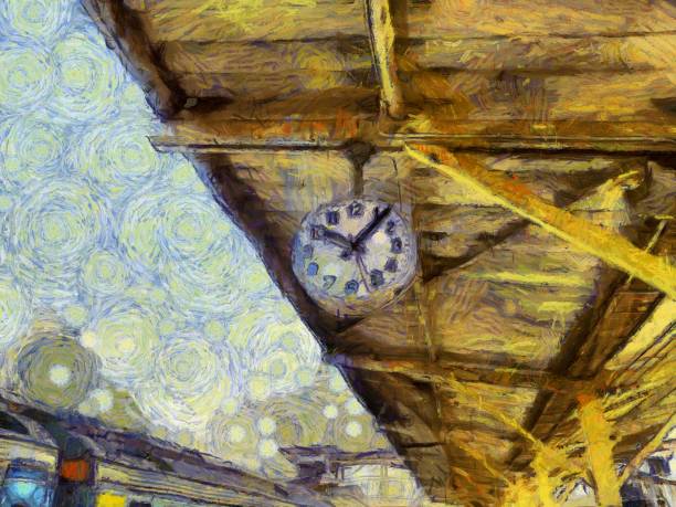 istock A big train station clock Illustrations creates an impressionist style of painting. 1437497727