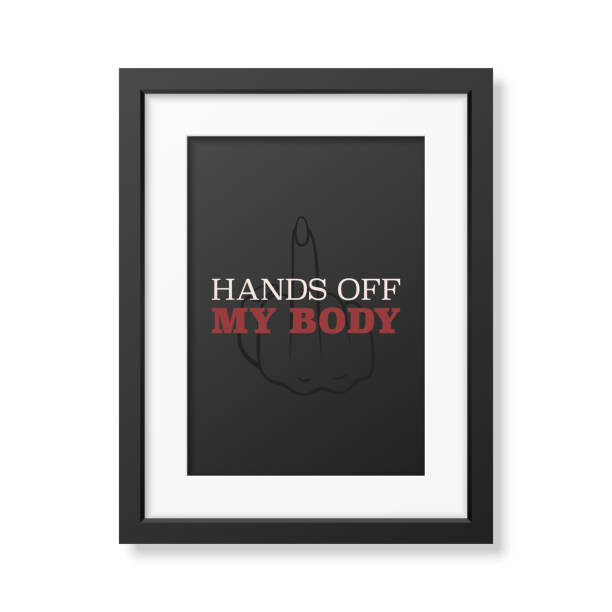 hands off my body. women s rights poster in black frame, demanding continued access to abortion after the ban on abortions, roe v wade. women s rights to abortion. protest concept placard - roe vs wade 幅插畫檔、美工圖案、卡通及圖標