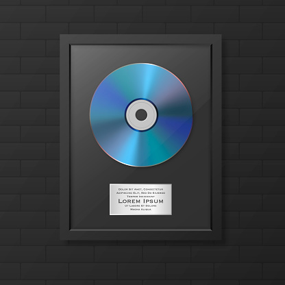 Realistic Vector 3d Blue CD and Label with Black Frame on Black Brick Wall. Single Album Compact Disc Award, Limited Edition. Design Template.