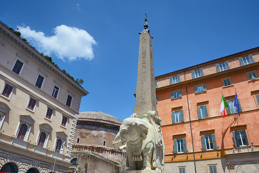 Rome, Italy - December 28, 2018: Obelisk and Fountain of Castor and Pollux was designed by Raffaele Stern in 1818 Piazza del Quirinale.