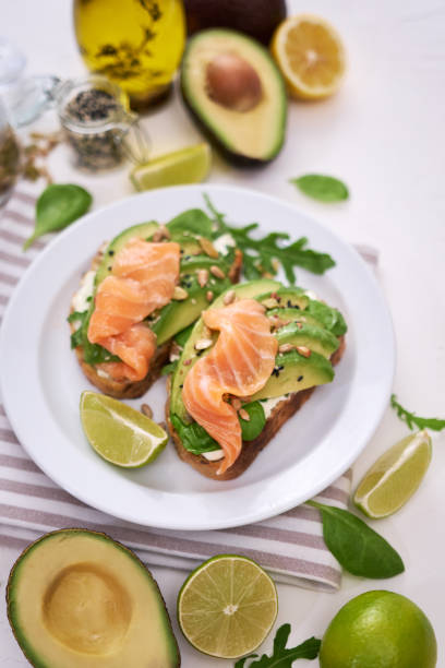 istock Freshly made Avocado, salmon and cream cheese toasts on a white ceramic plate 1437501251