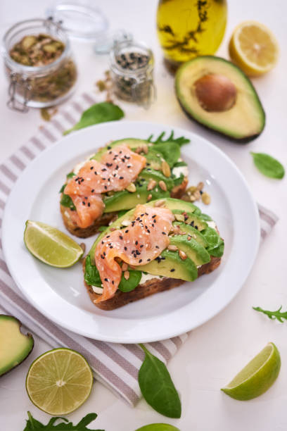 istock Freshly made Avocado, salmon and cream cheese toasts on a white ceramic plate 1437501259