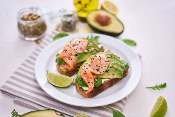 istock Freshly made Avocado, salmon and cream cheese toasts on a white ceramic plate 1437501261