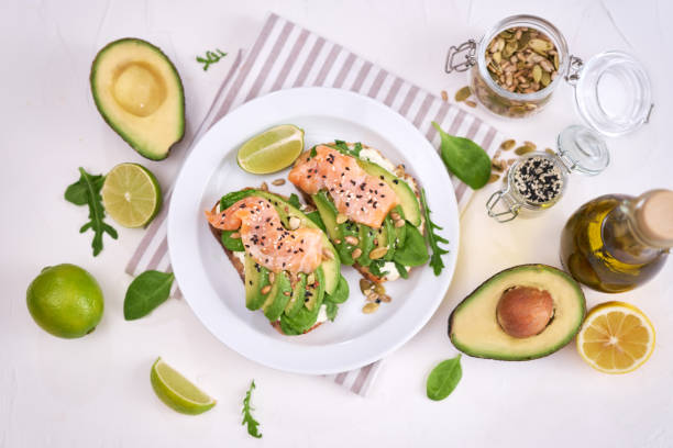 istock Freshly made Avocado, salmon and cream cheese toasts on a white ceramic plate 1437501262