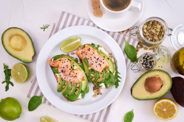 istock Freshly made Avocado, salmon and cream cheese toasts on a white ceramic plate 1437501275
