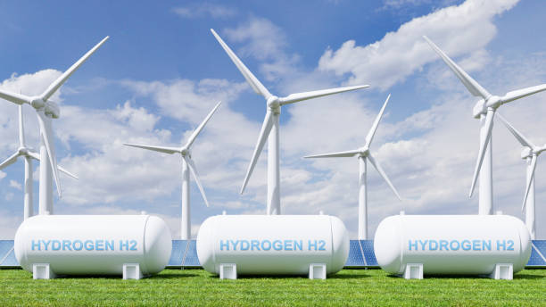 газгольдер для хранения водородной энергии для установки солнечных и ветряных турбин чистой электроэнергии. - wind turbine fuel and power generation clean industry стоковые фото и изображения