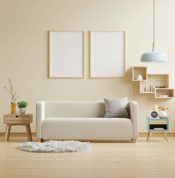 istock Mock up poster frame in modern interior with sofa and accessories in the room. 1437501487