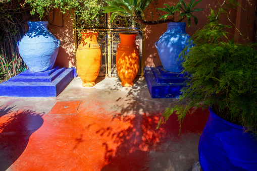 View on colorful potted plants in  former owner  of fashion guru Yves Saint Laurent of  Majorelle garden in Marracech  and bright terracotta wall and floor