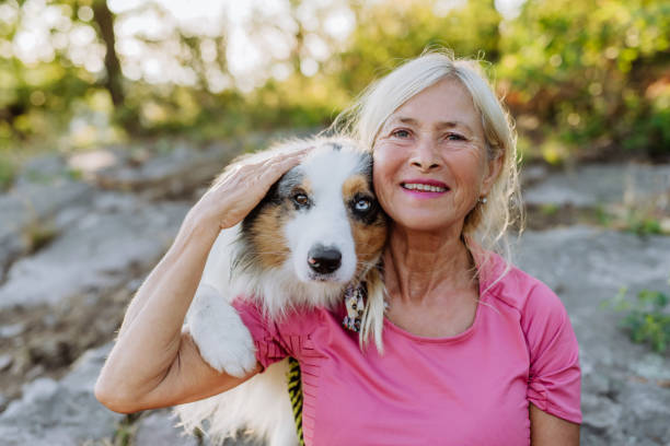 retrato de uma mulher idosa com seu cachorro na floresta. - dog insurance - fotografias e filmes do acervo