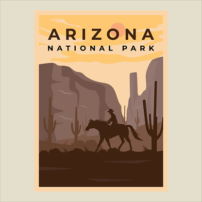 cowboy on horse minimalist vintage poster illustration template graphic design. arizona national park with cactus mountains and desert concept for travel or tourism business