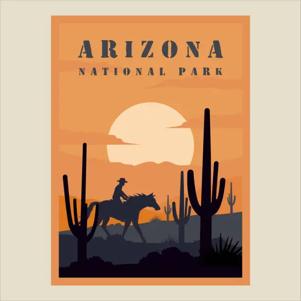Vector illustration of arizona national park minimalist vintage poster illustration template graphic design.cowboy and horse at desert cactus at landscape sunset view for business travel