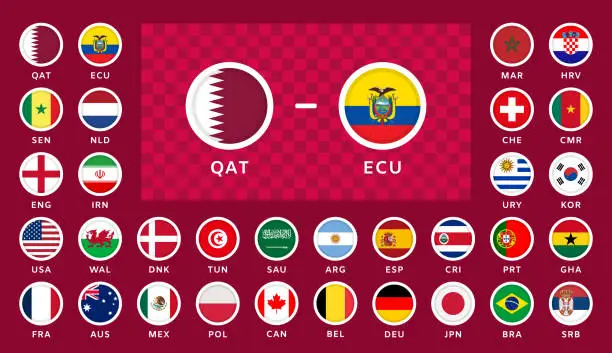 Vector illustration of Versus between two Teams Template. Set of round Icons of National Flags. Sport Games Competitions. Participants Infographics. Poster, Announcement, Game. Vector Illustration