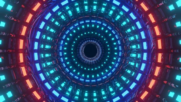 istock 3D rendering abstract futuristic background with blue, green and orange neon lights 1437505828