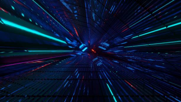 istock 3D rendering abstract futuristic background with blue and green laser lights 1437506524